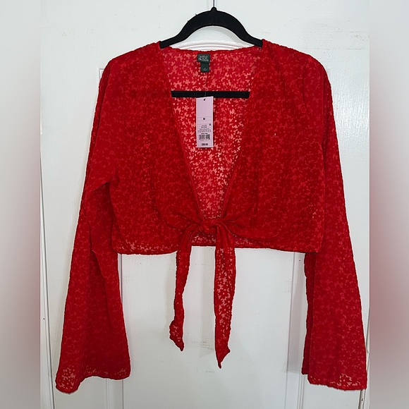 Wild Fable Tie Front Long Sleeve Crop Top Red Floral Velvet Design NWT — M - Picture 1 of 6